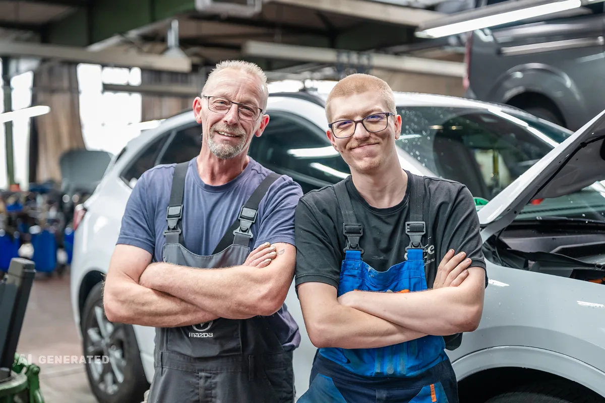 Ein älterer und ein jüngerer Werkstattmitarbeiter